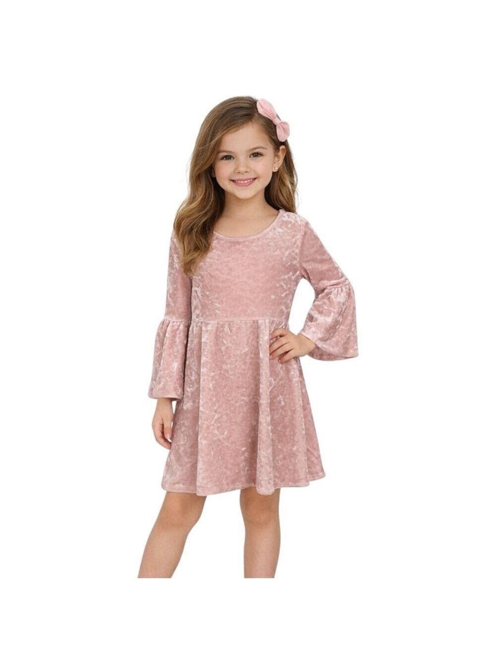 The Children’s Place Pink Crushed Velvet Dress Girls M 7/8 Bell Sleeve